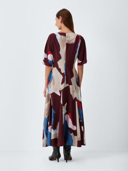 John Lewis Abstract Print Short Sleeve Godet Midi Dress, Berry - view 2, Berry