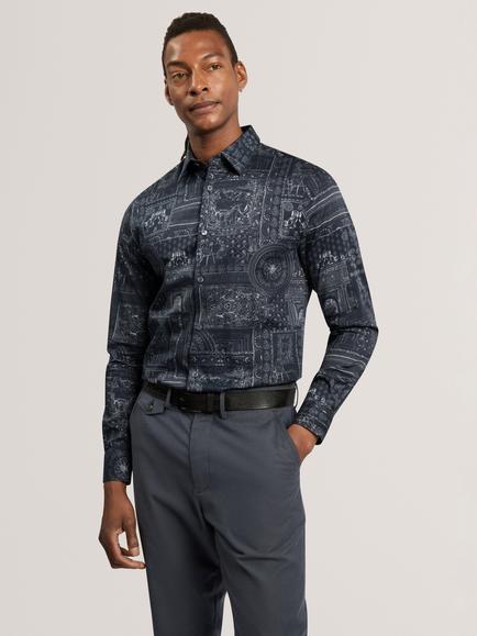 Ted Baker Stretch Cotton Slim Etched Detail Print Shirt, Navy, Navy