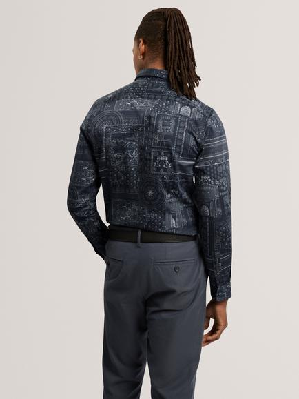 Ted Baker Stretch Cotton Slim Etched Detail Print Shirt, Navy - view 2, Navy