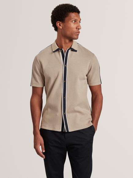 Ted Baker Cotton Blend Two-Tone Button Through Polo Top, Taupe, Taupe