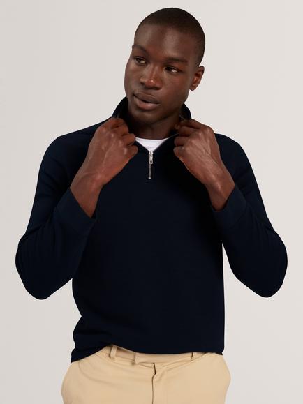 Ted Baker Cotton Blend Textured Front Half Zip Long Sleeve Top, Navy, Navy