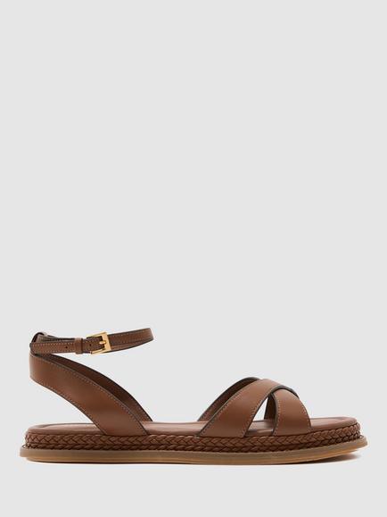 Reiss Emma Leather Plaited-Detail Flat Sandals, Tan, Tan