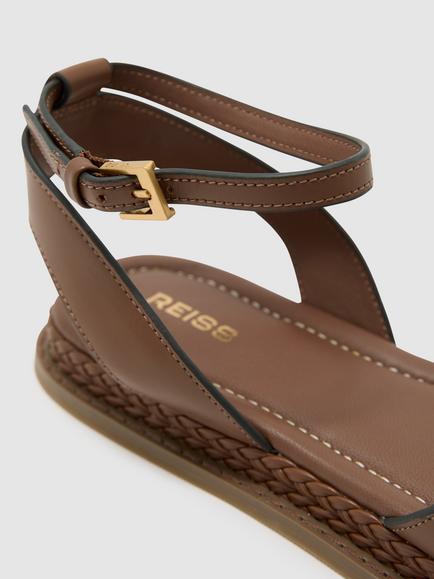Reiss Emma Leather Plaited-Detail Flat Sandals, Tan - view 2, Tan