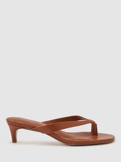Reiss Mia Leather Lizard-Effect Kitten-Heel Sandals, Tan, Tan