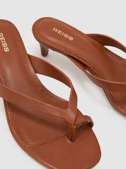 Reiss Mia Leather Lizard-Effect Kitten-Heel Sandals, Tan - view 2, Tan