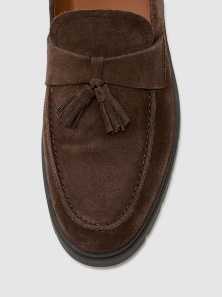 Reiss Jimmy Suede Tassel Loafers, Dark Navy - view 2, Dark Brown