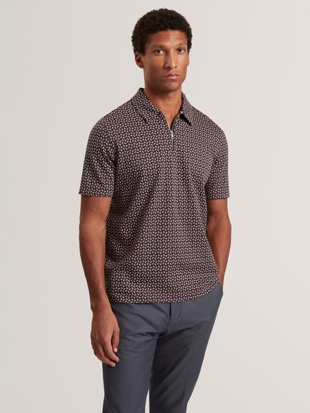 Ted Baker Geometric Zip Neck Polo Shirt, Maroon, Maroon