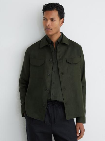 Reiss Polasio Pure Linen Herringbone-Stripe Regular-Fit Shirt, Midnight Green, Midnight Green