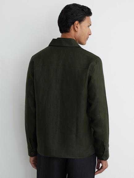 Reiss Polasio Pure Linen Herringbone-Stripe Regular-Fit Shirt, Midnight Green - view 2, Midnight Green