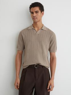 Reiss Sol Textured-Knit Open-Collar Polo Shirt, Taupe Brown, Taupe Brown