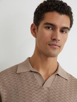 Reiss Sol Textured-Knit Open-Collar Polo Shirt, Taupe Brown - view 2, Taupe Brown
