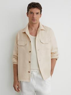 Reiss Polasio Pure Linen Herringbone-Stripe Regular-Fit Shirt, Stone, Stone