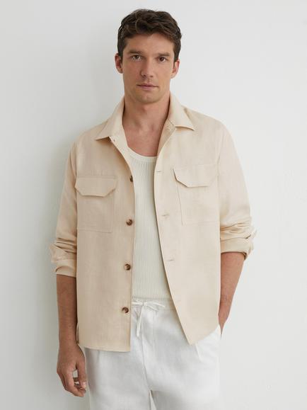 Reiss Polasio Pure Linen Herringbone-Stripe Regular-Fit Shirt, Stone