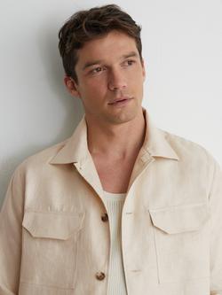 Reiss Polasio Pure Linen Herringbone-Stripe Regular-Fit Shirt, Stone - view 2, Stone