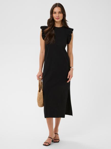 KAFFE Kacelina Cotton Ruch Cap Sleeve Midi Dress, Black Deep, Black Deep