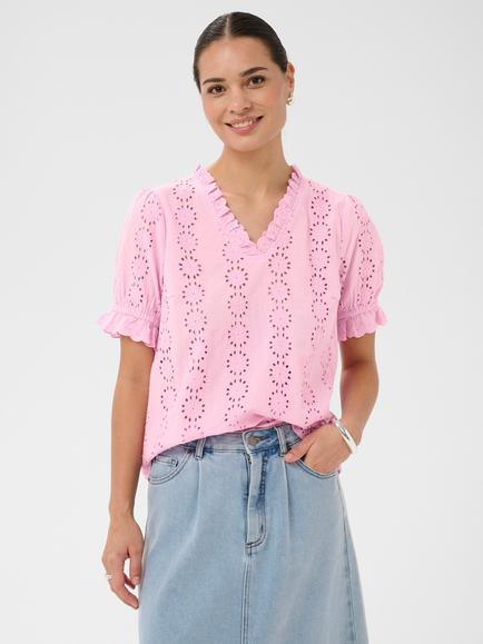 KAFFE Dona Eyelet Ruffle Trim Top, Pink Frosting, Pink Frosting