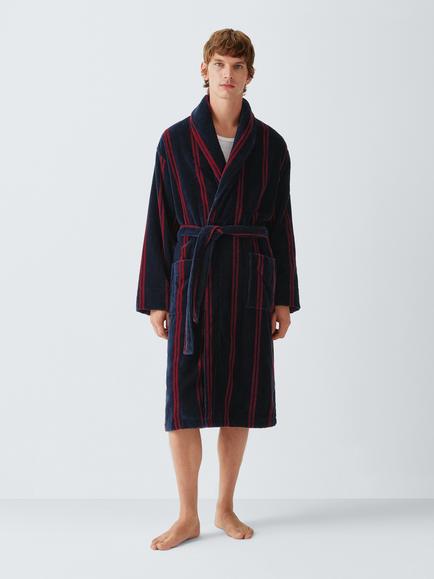 John Lewis Cotton Velour Stripe Robe, Blue Navy, Blue Navy