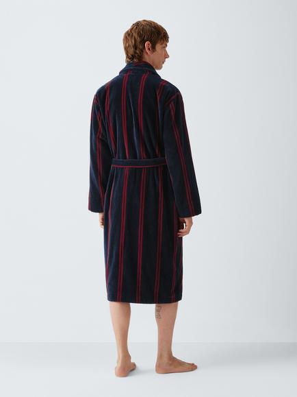 John Lewis Cotton Velour Stripe Robe, Blue Navy - view 2, Blue Navy