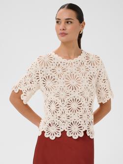 KAFFE Callista Floral Crochet Sequin Cotton Blouse, Broken White/Silver, Broken White/Silver