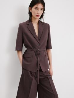 Mango Linen Blend Belted Suit Jacket, Plum, Plum