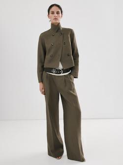 Mango Cropped Double-Breasted Linen Blazer, Khaki, Khaki