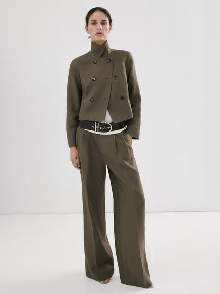 Mango Cropped Double-Breasted Linen Blazer, Khaki, Khaki