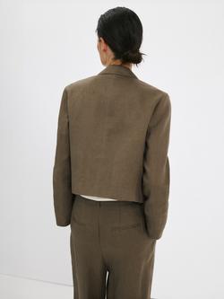 Mango Cropped Double-Breasted Linen Blazer, Khaki - view 2, Khaki