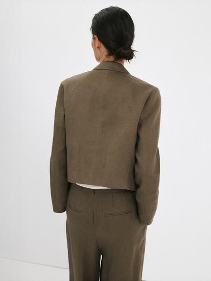 Mango Cropped Double-Breasted Linen Blazer, Khaki - view 2, Khaki