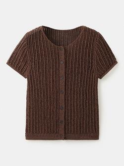 Mango Knitted Short Sleeve Cotton Blend Cardigan, Chocolate, Chocolate
