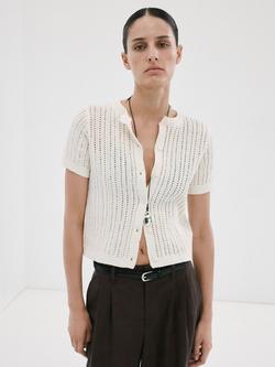 Mango Short Sleeve Cropped Cardigan, Beige, Beige
