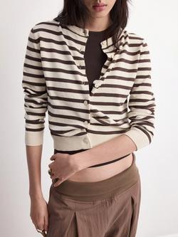Mango Cropped Striped Round Neck Cardigan, Chocolate, Chocolate