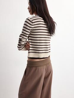 Mango Cropped Striped Round Neck Cardigan, Chocolate - view 2, Chocolate