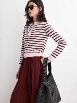 Mango Cropped Striped Round Neck Cardigan, Pink, Pink