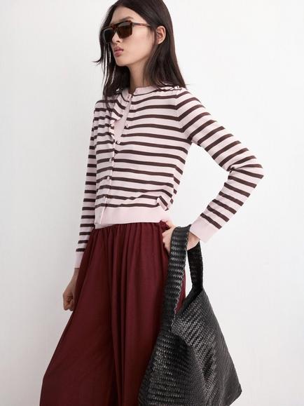 Mango Cropped Striped Round Neck Cardigan, Pink, Pink