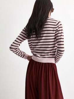 Mango Cropped Striped Round Neck Cardigan, Pink - view 2, Pink