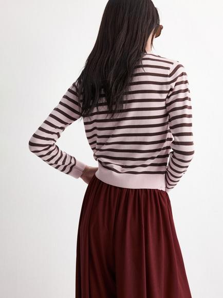 Mango Cropped Striped Round Neck Cardigan, Pink - view 2, Pink