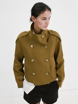 Mango Funnel Neck Linen Trench Cropped Jacket, Olive