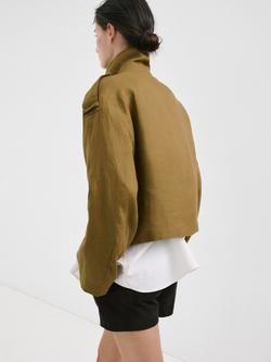 Mango Funnel Neck Linen Trench Cropped Jacket - view 2, Olive