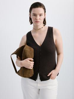 Mango V-Neck Sleeveless Button Front Knitted Vest, Chocolate