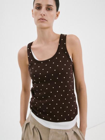 Mango Scoop Neck Polka Dot Knit Camisole, Chocolate, Chocolate