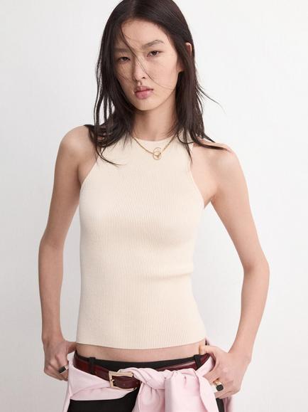 Mango Dalton Ribbed High Neck Tank, Beige, Beige