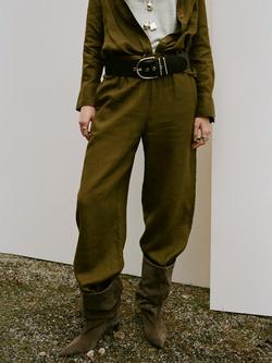 Mango Linen Wide Leg Trousers, Olive, Olive