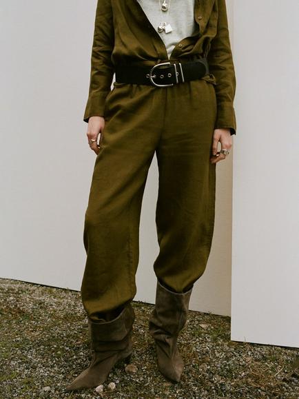 Mango Linen Wide Leg Trousers, Olive, Olive