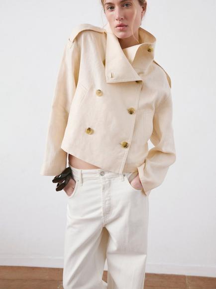 Mango Funnel Neck Linen Trench Cropped Jacket, Raw