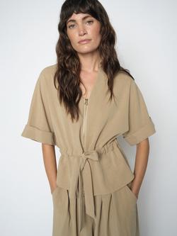 MOS MOSH Indie Zip Neck Tie Waist Top, Sesame, Sesame