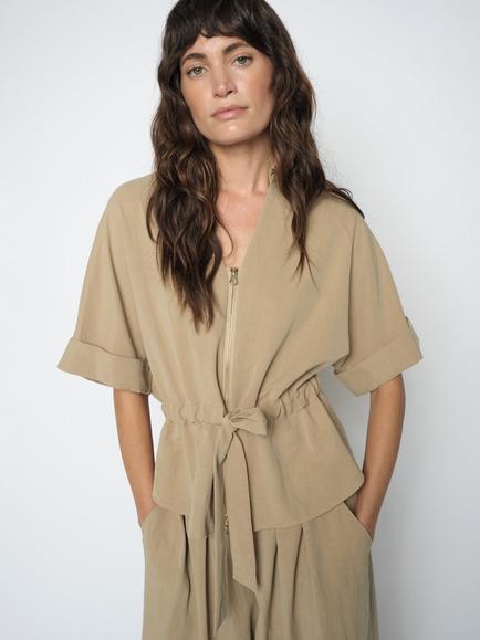 MOS MOSH Indie Zip Neck Tie Waist Top, Sesame, Sesame