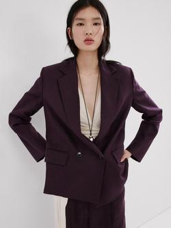 Mango Double Button Linen Suit Jacket, Plum, Plum