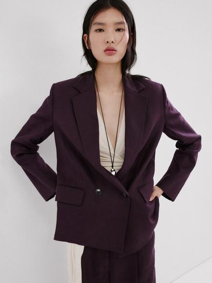 Mango Double Button Linen Suit Jacket, Plum, Plum