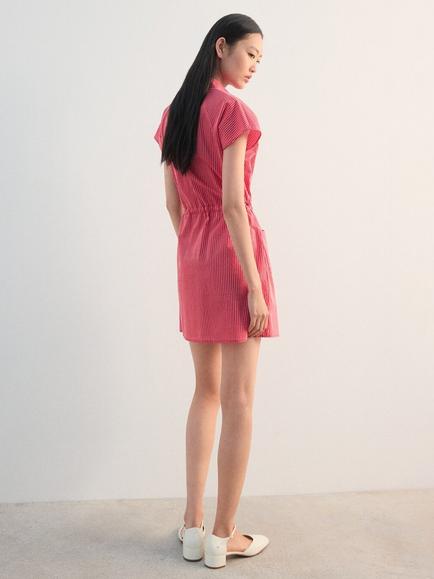 Mango Stripe Tie Waist Shirt Mini Dress, Red - view 2, Red