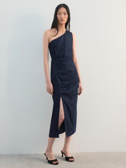 Mango Asymmetric Side Slit Midi Dress, Blue, Blue